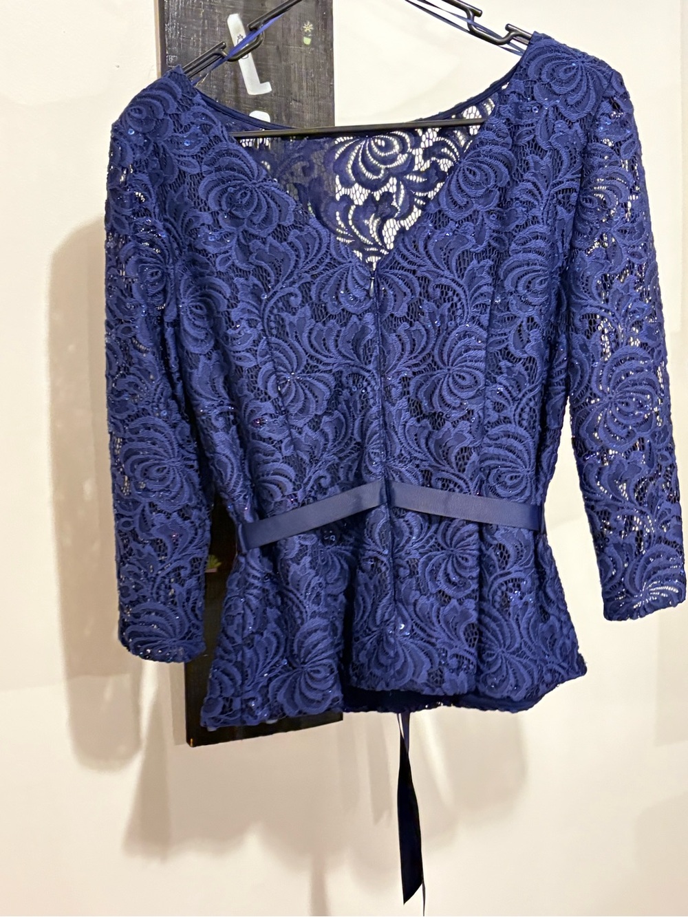 Alex Evenings Navy Lace Peplum Top with Self-Tie - Picture 2 of 5